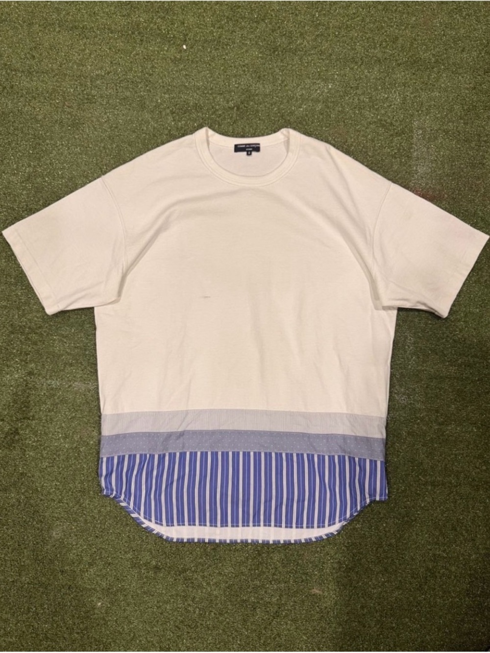 Commes des garçons homme Short-Sleeve Layered Hem Shirt with Blue Stripe Panel